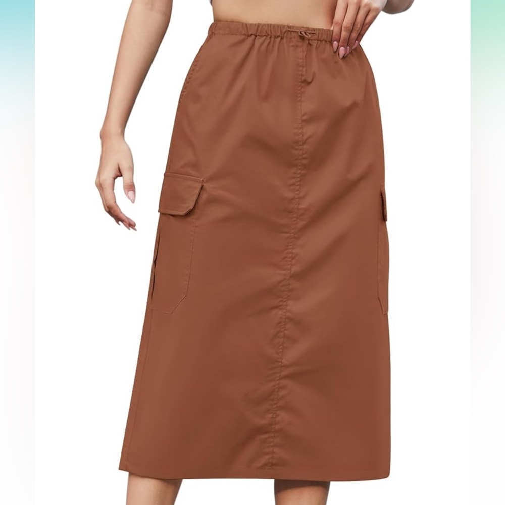 Midi Cargo Skirt with Multiple Pockets Adjustable Drawstring waist,  Back Split
